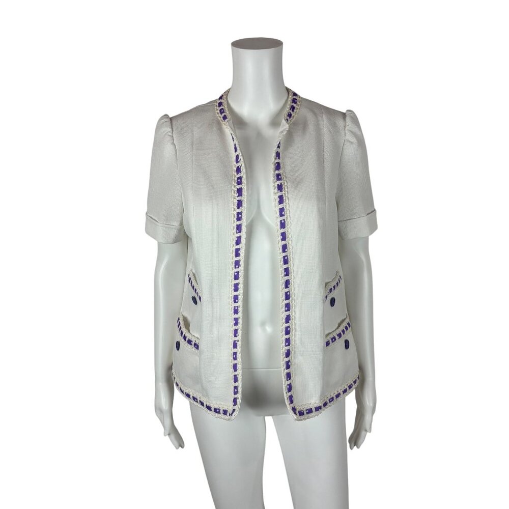 Vintage 70s Open Top Women's Large Lavender White Diamond Print Cardigan
